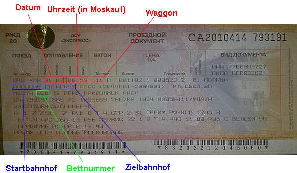 Ein Ticket der Transsibirischen Eisenbahn